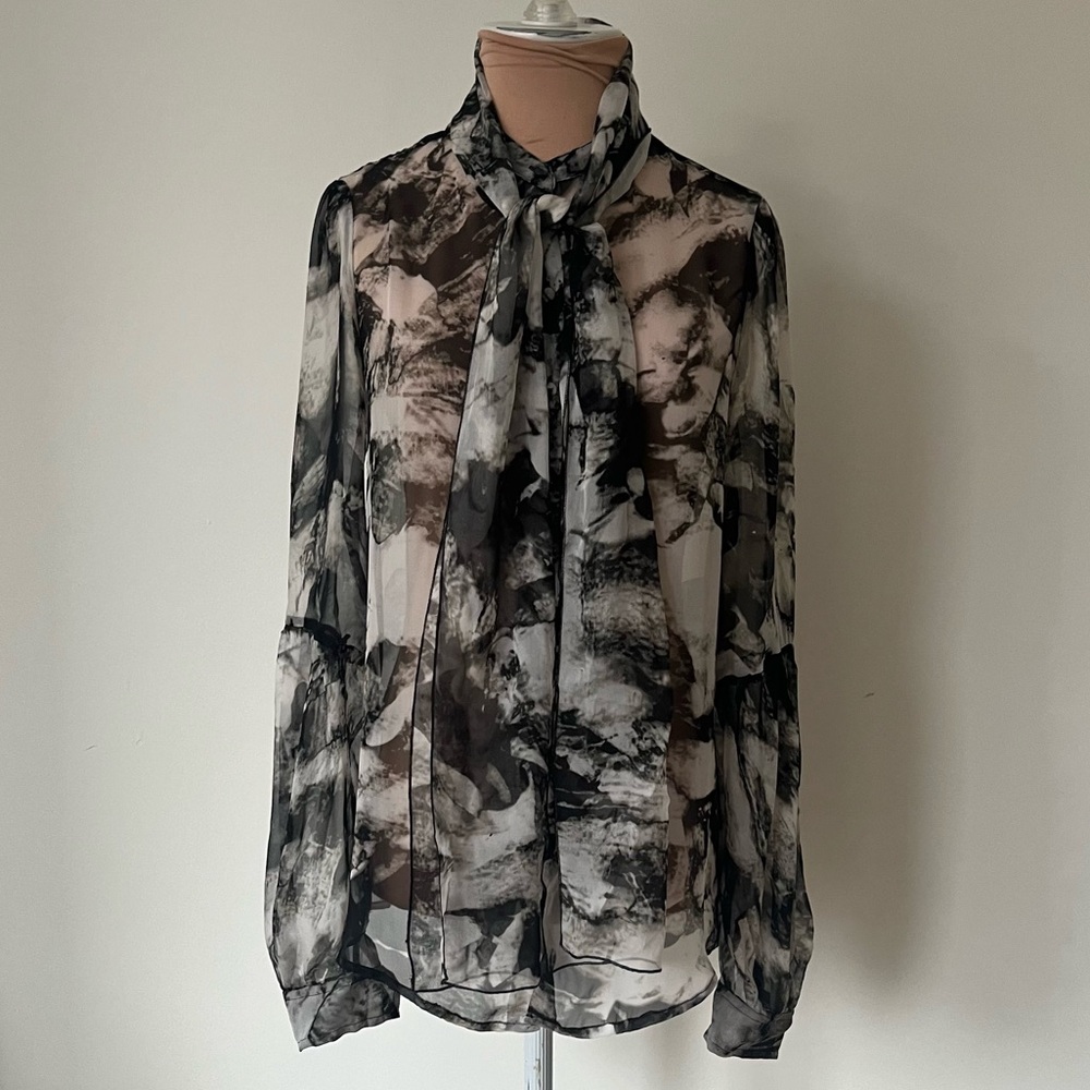 Proenza Schouler Tie Dye Sheer Lightweight Silk Black White Button Down Blouse 6